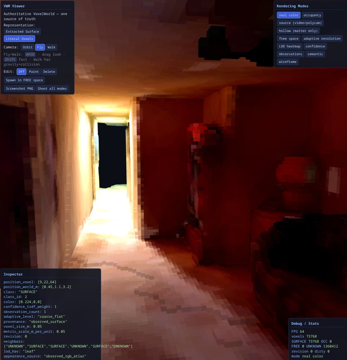 Fly-mode view down the voxelized Polycam hallway in real-color mode with the voxel inspector open.
