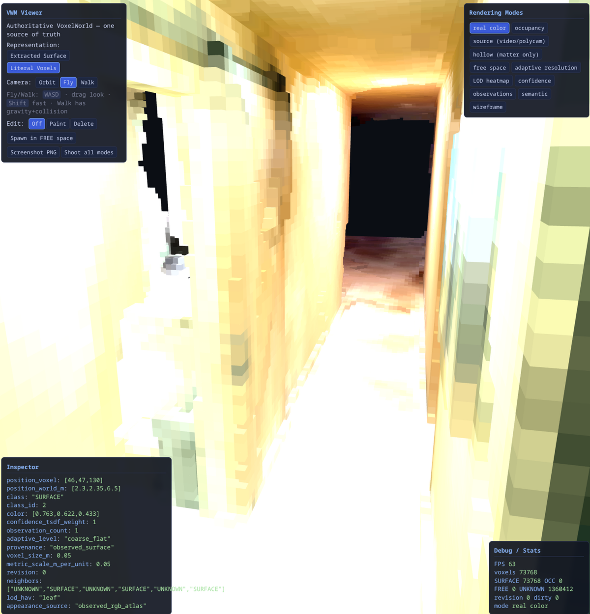 Fly-mode view of a bright section of the voxelized Polycam hallway in real-color mode.