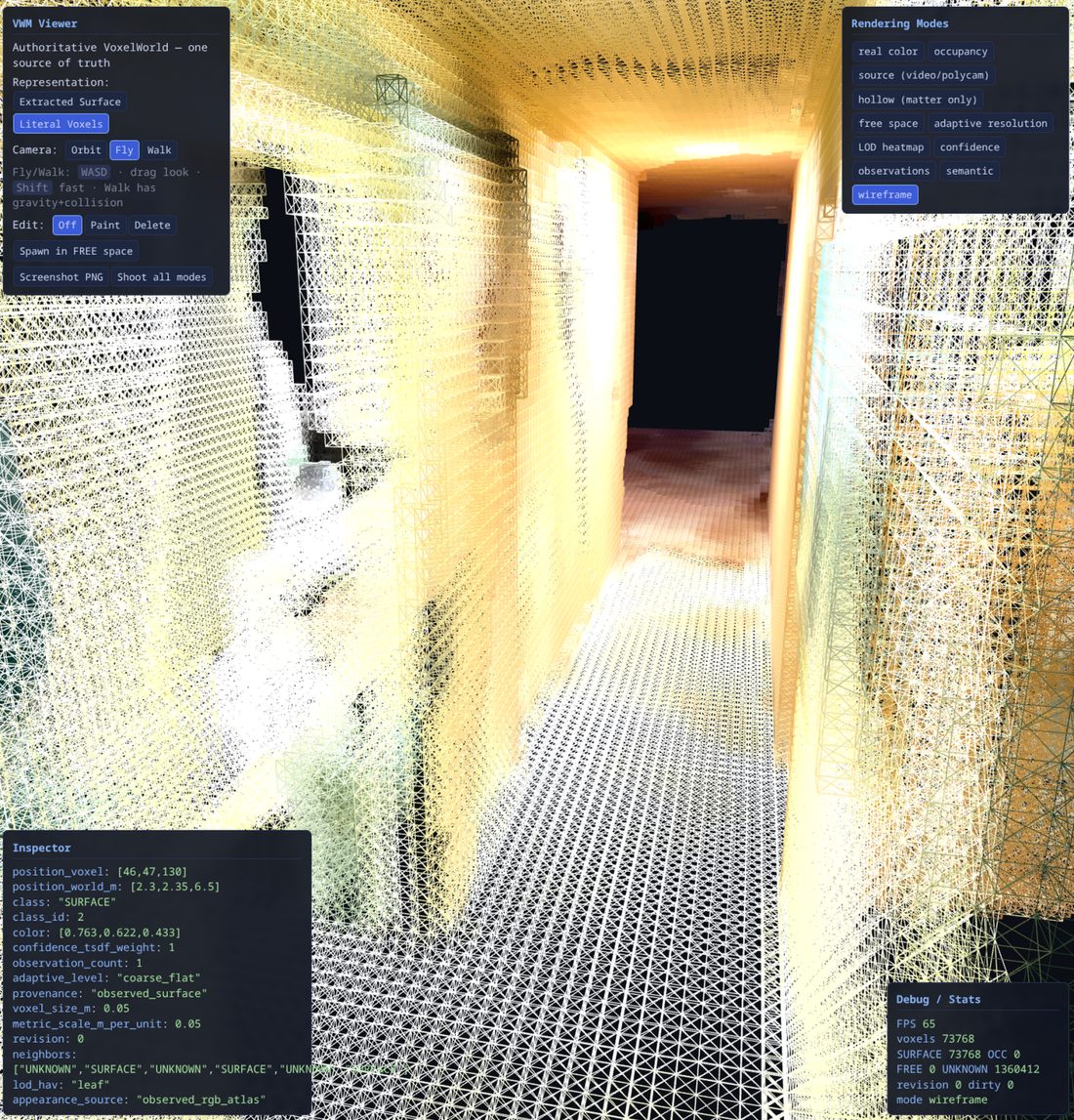 Wireframe mode exposing the voxel structure of the hallway.