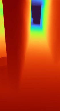 Depth Anything depth map of the hallway keyframe, hallway receding correctly into the distance.