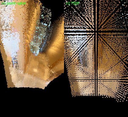 Side-by-side of v1 point-splat reconstruction and v2 TSDF reconstruction of the same hallway view.