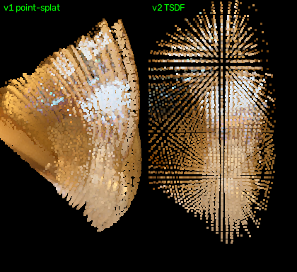 Side view comparing v1's thick fan of duplicate shells with v2's single flat coherent wall surface.