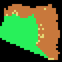 Occupancy slice: green flood-filled free interior bounded by tan matter voxels.