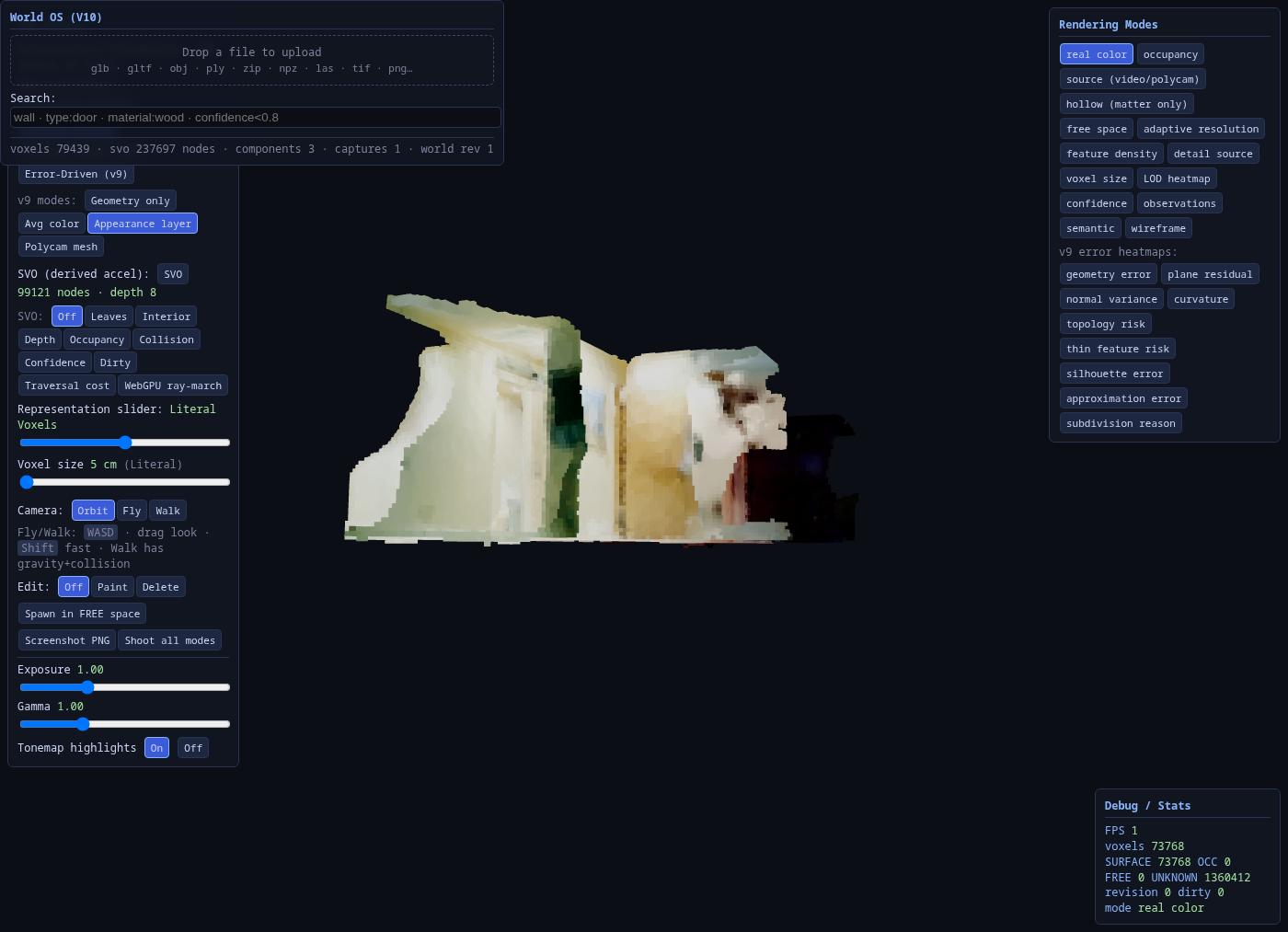 VWM viewer with the World OS panel: drag-and-drop upload, query search, and live stats line.