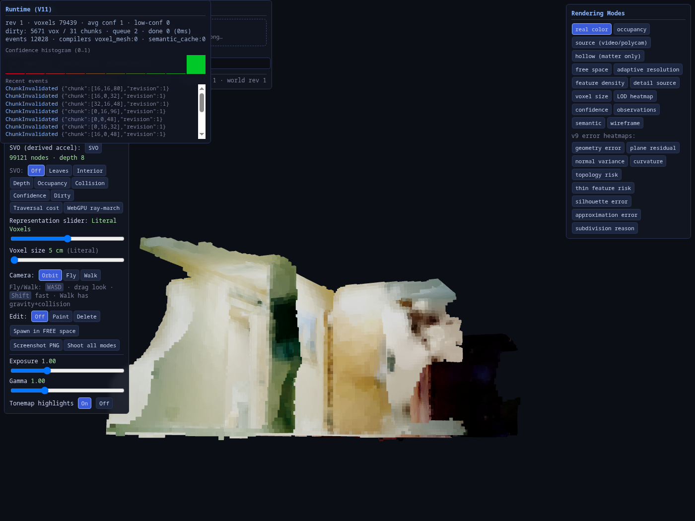 Runtime Inspector panel with live stats, confidence histogram, and streaming ChunkInvalidated event feed.