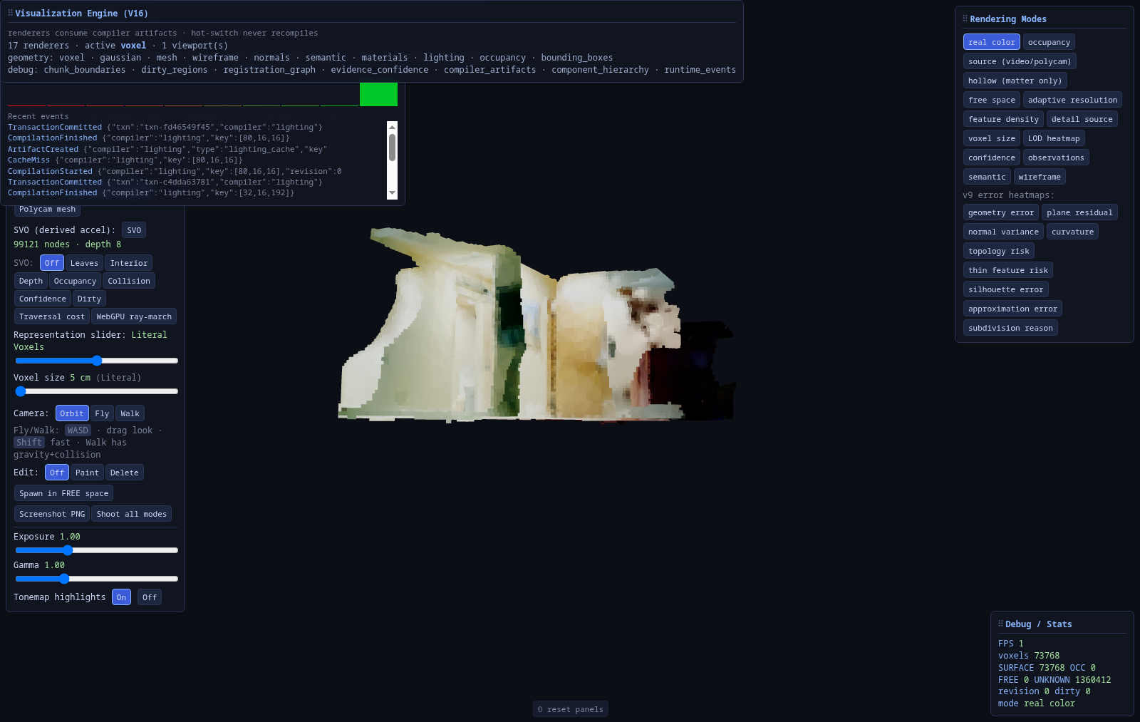 Visualization Engine (V16) panel listing 17 geometry and debug renderers.
