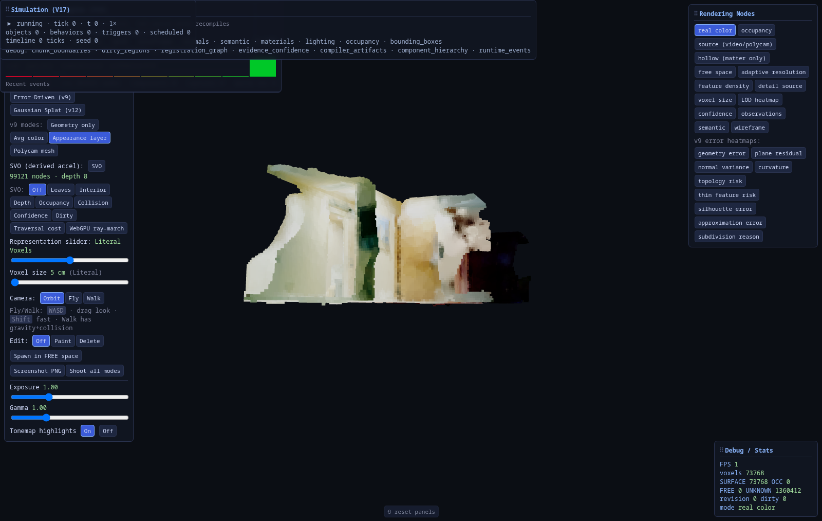 Simulation (V17) panel showing running tick and object/behavior counts.