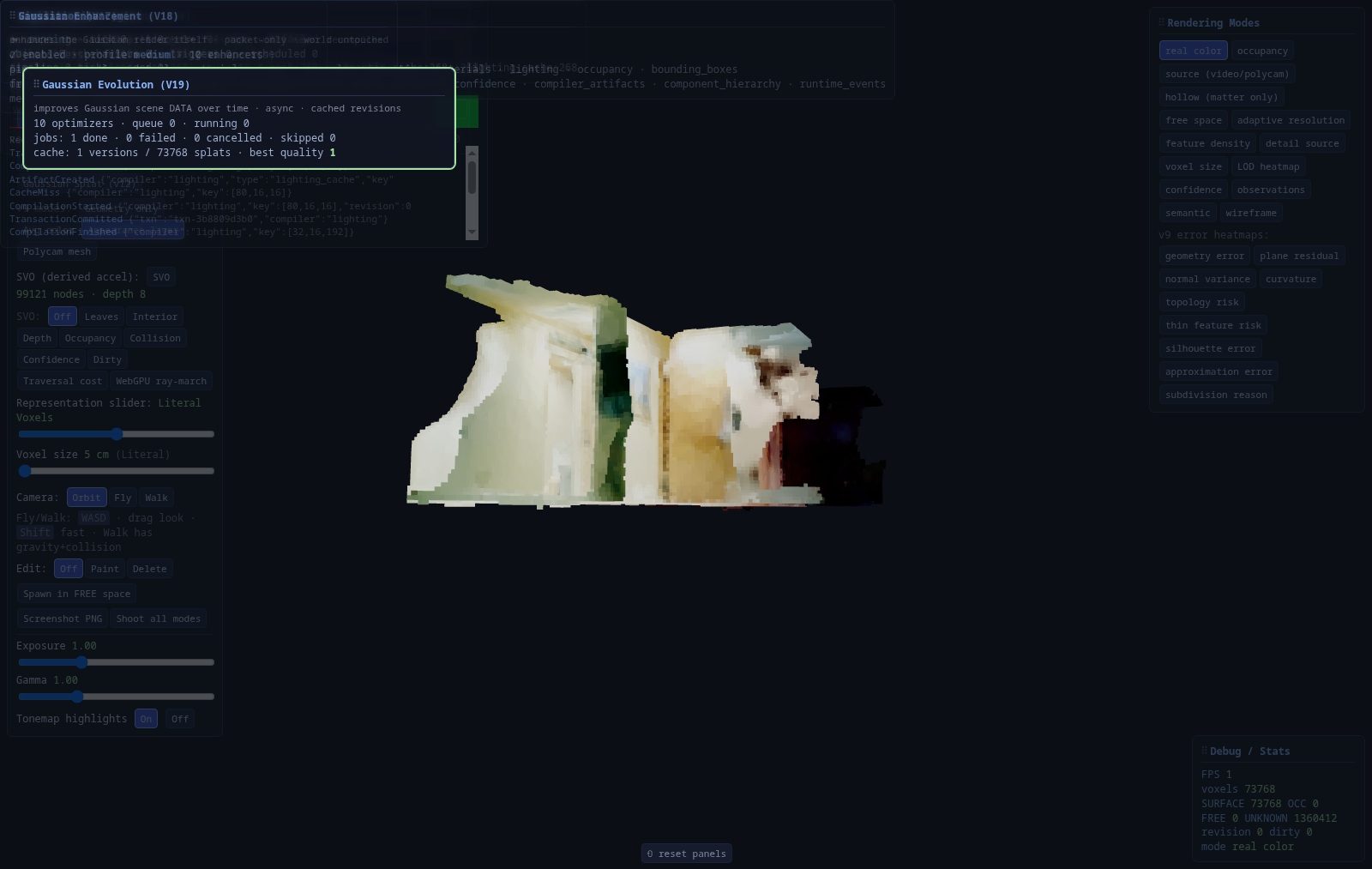 Gaussian Evolution (V19) panel with best quality 1.0 and cache stats.