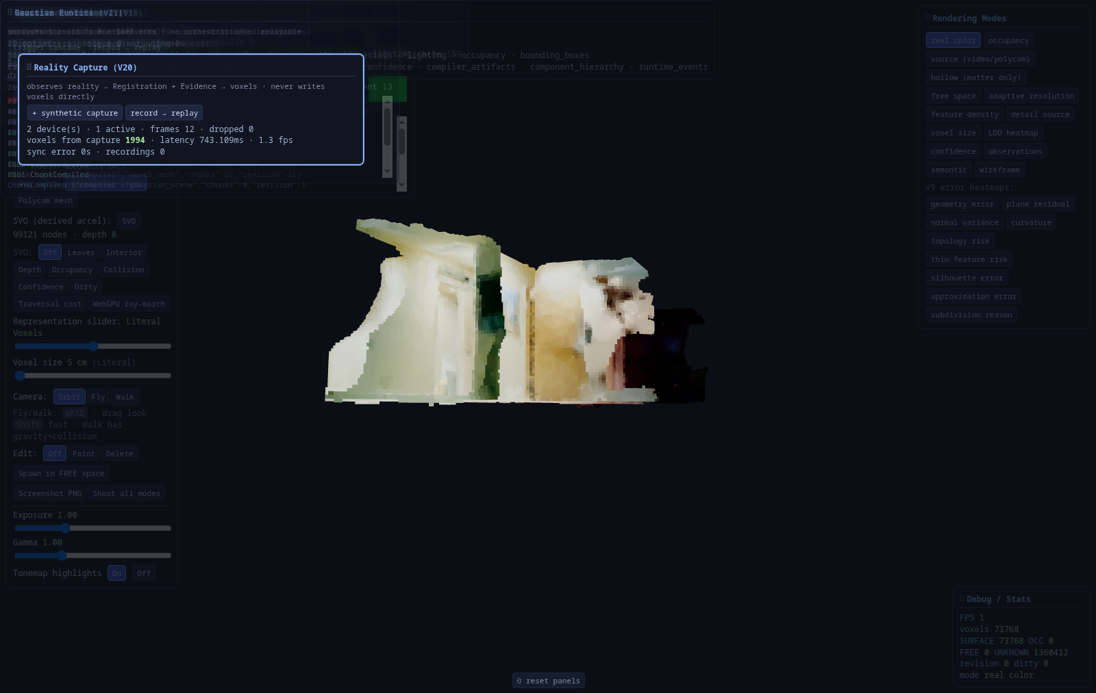 Reality Capture (V20) panel with synthetic capture stats.