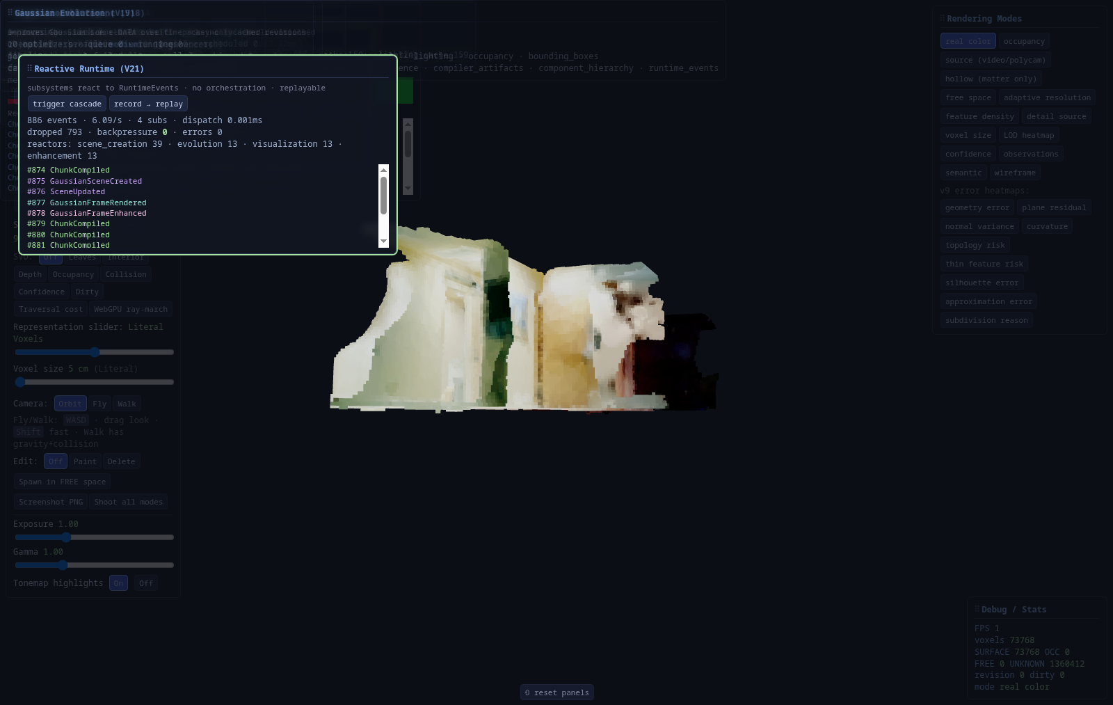 Reactive Runtime (V21) panel with event stream.