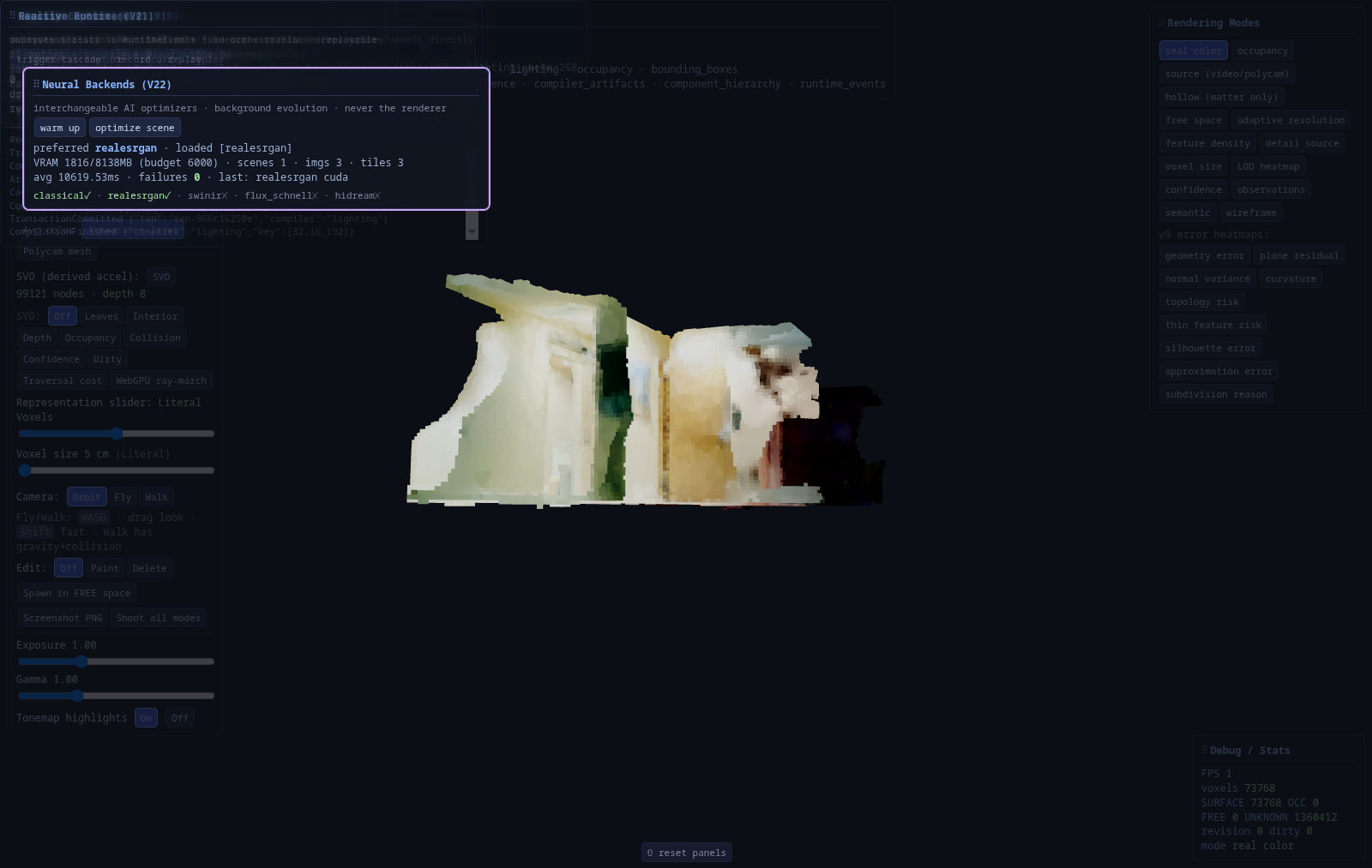 Neural Backends (V22) panel with realesrgan CUDA diagnostics.