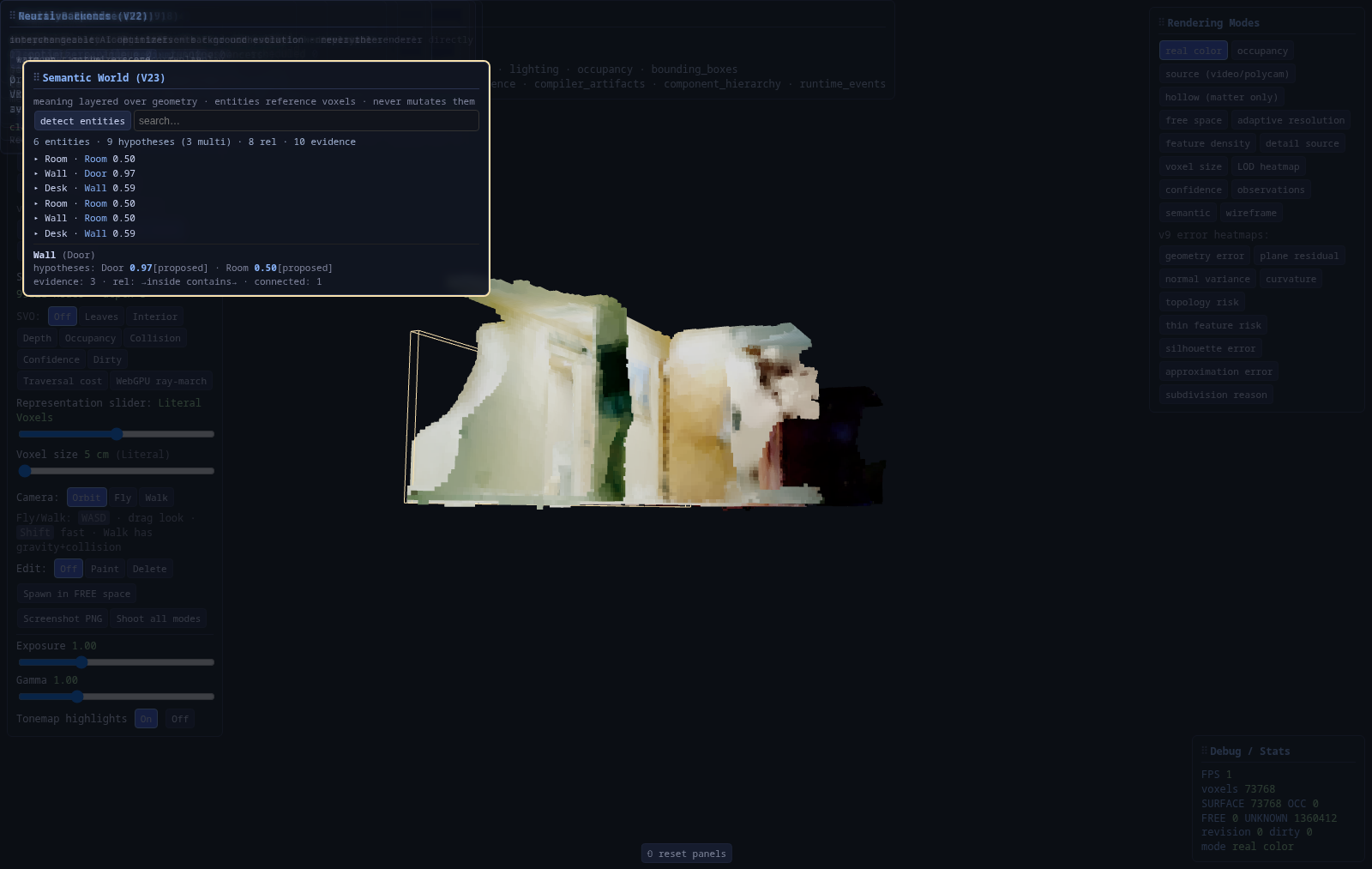 Semantic World (V23) panel with entities and 3D highlight.