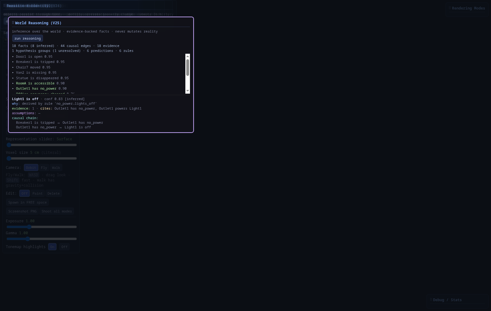 World Reasoning (V25) panel with causal chain for Light1 is off.