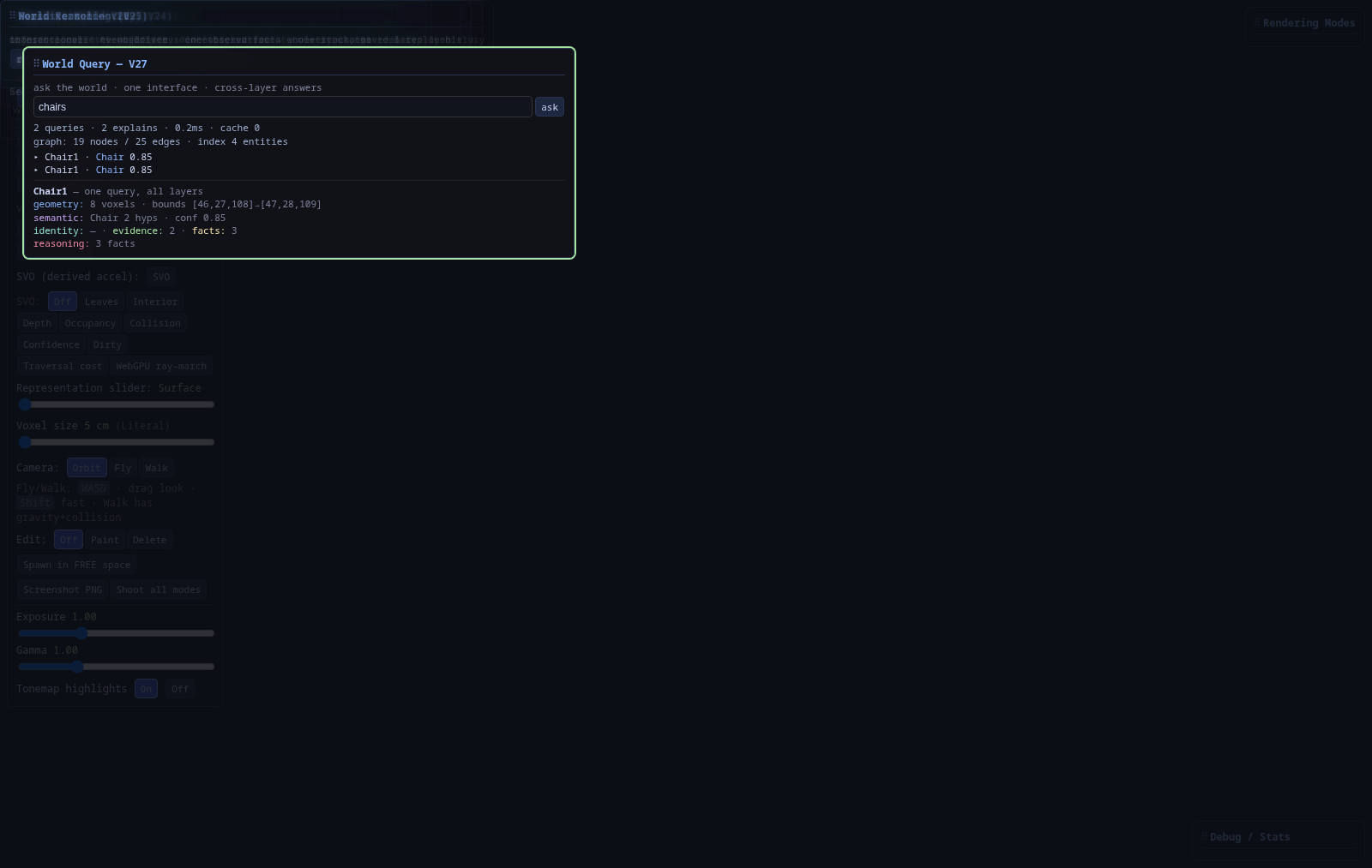 World Query (V27) panel with cross-layer explanation.
