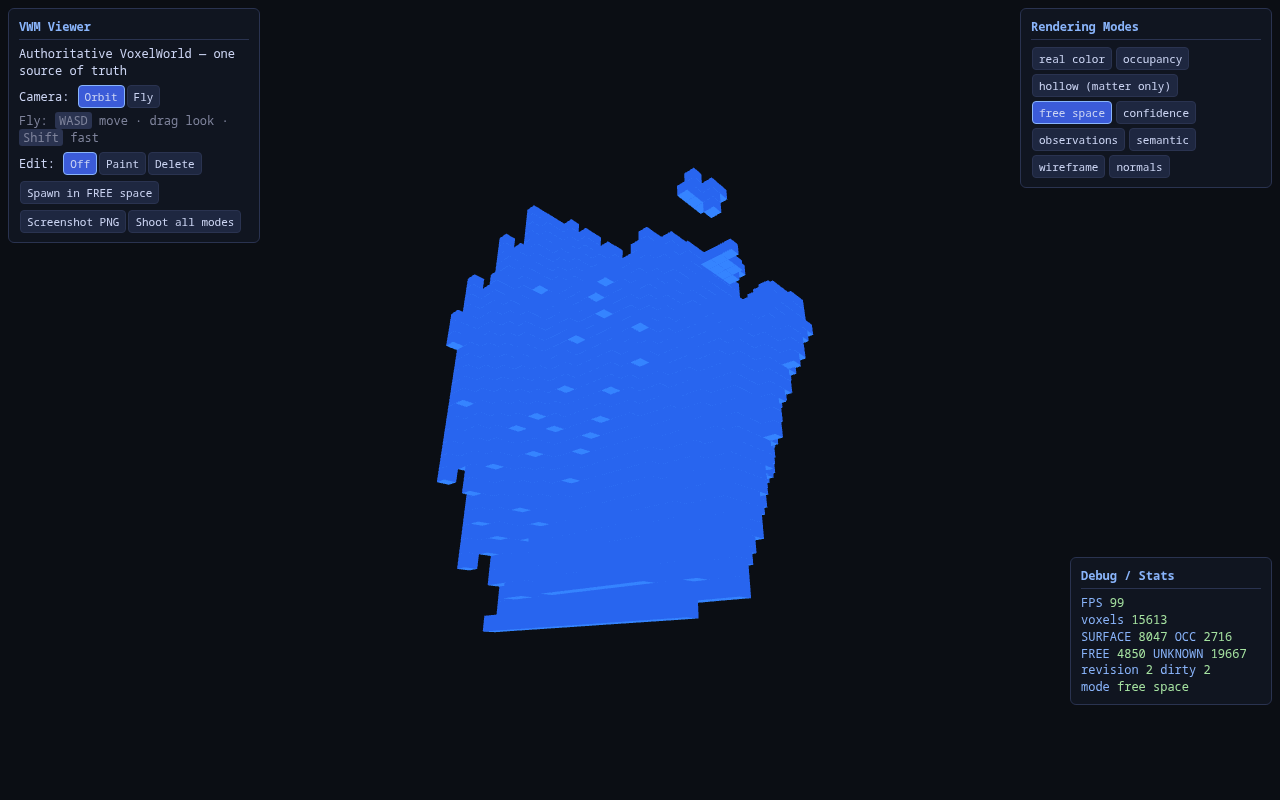 Free-space mode: the carved interior air of the hallway as a solid blue volume.