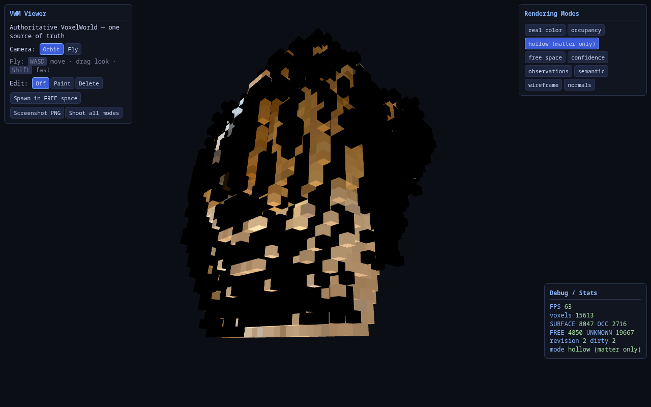 Hollow mode showing only the matter voxels of the v3 world.