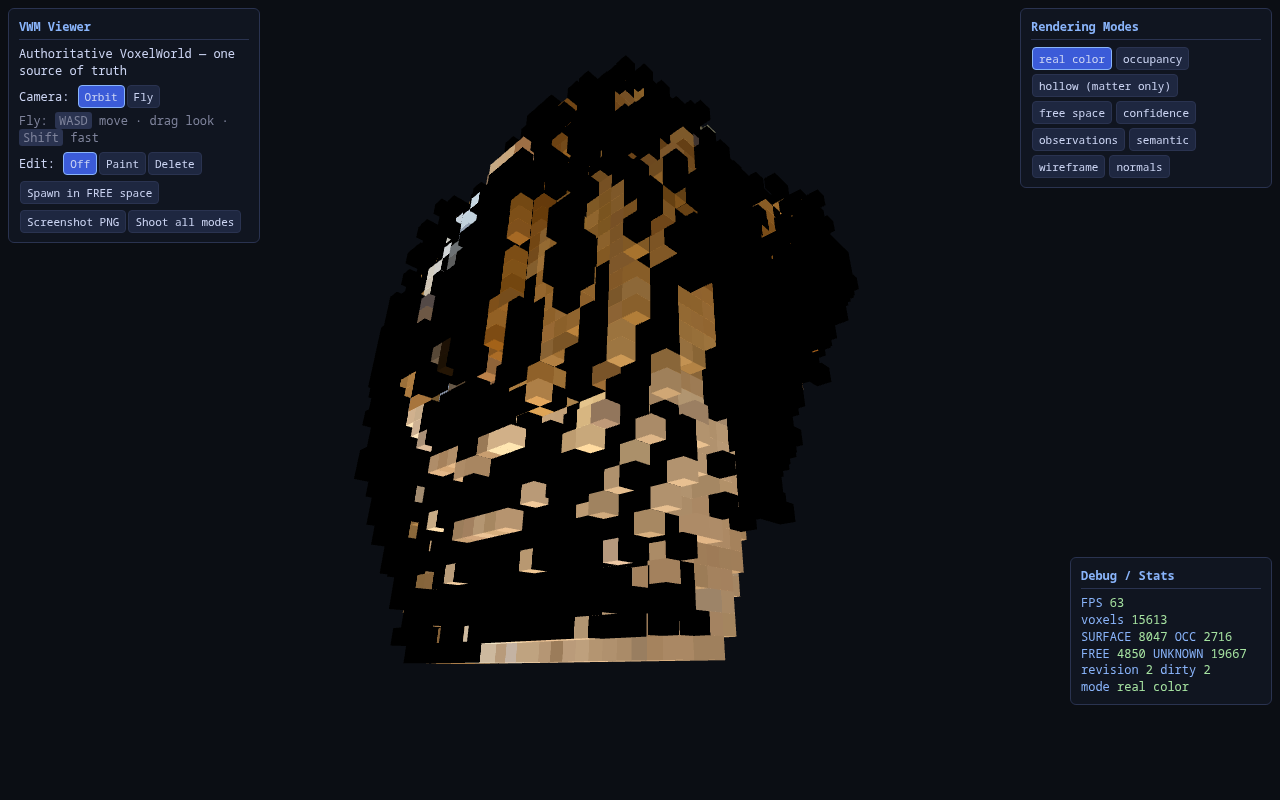 The v3 world in real-color mode: observed colors on a sparse voxel shell.