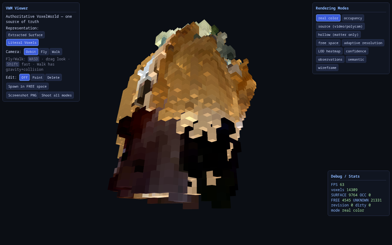 The fused world in real-color mode: Polycam texture on co-observed voxels, video color elsewhere.