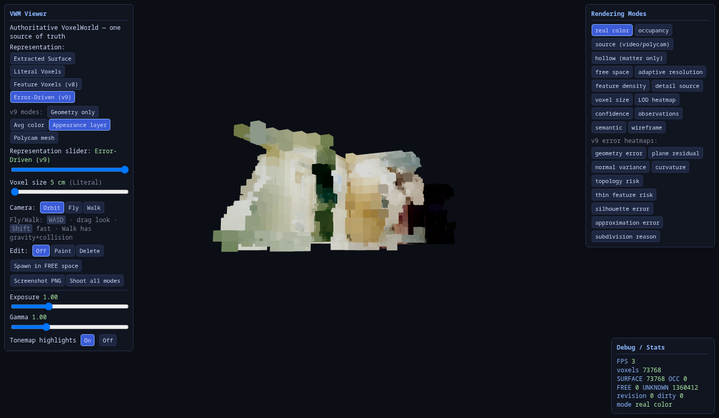 Appearance-layer mode: large voxels displaying projected texture patches.