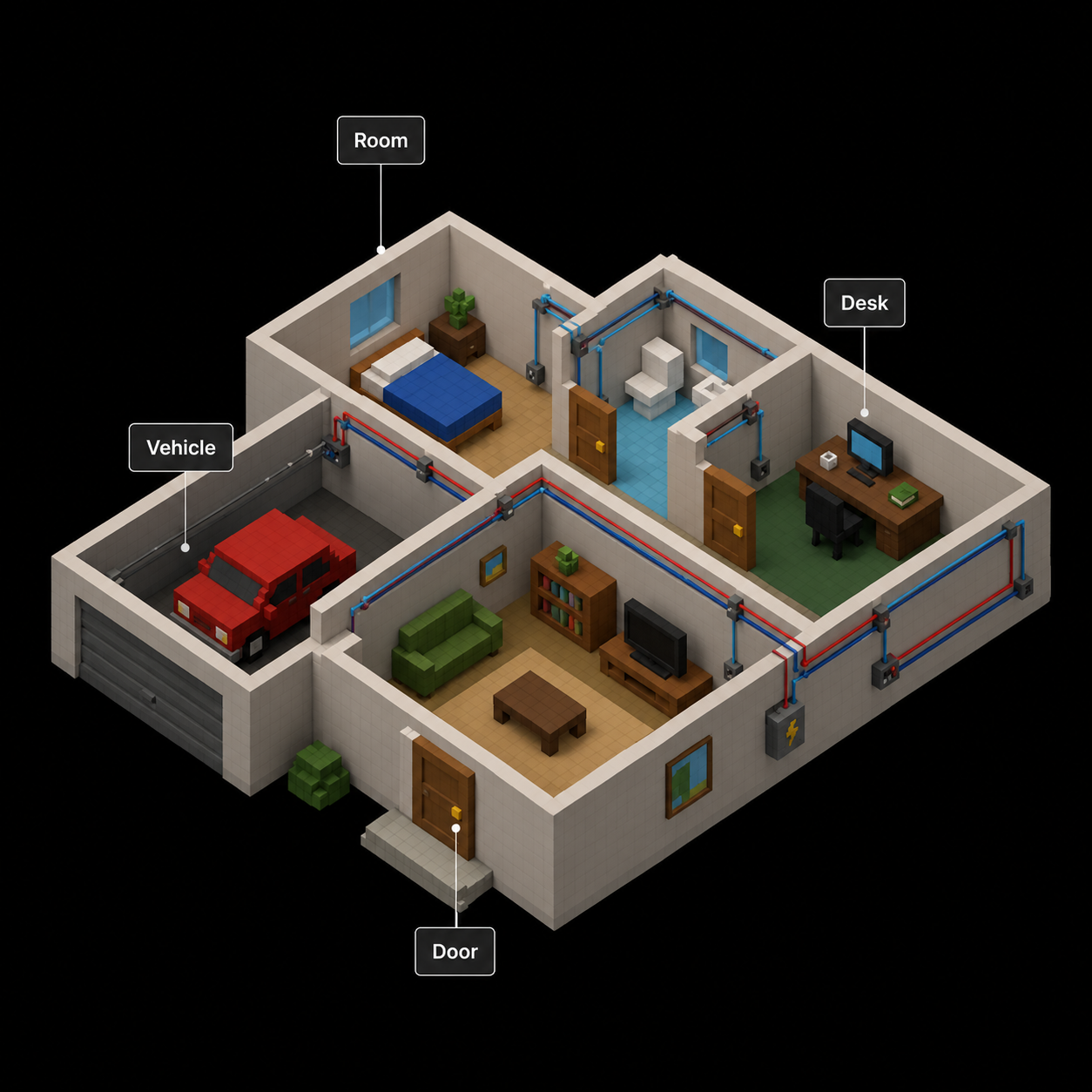 Isometric voxel house with semantic labels for vehicle, room, desk, and door.