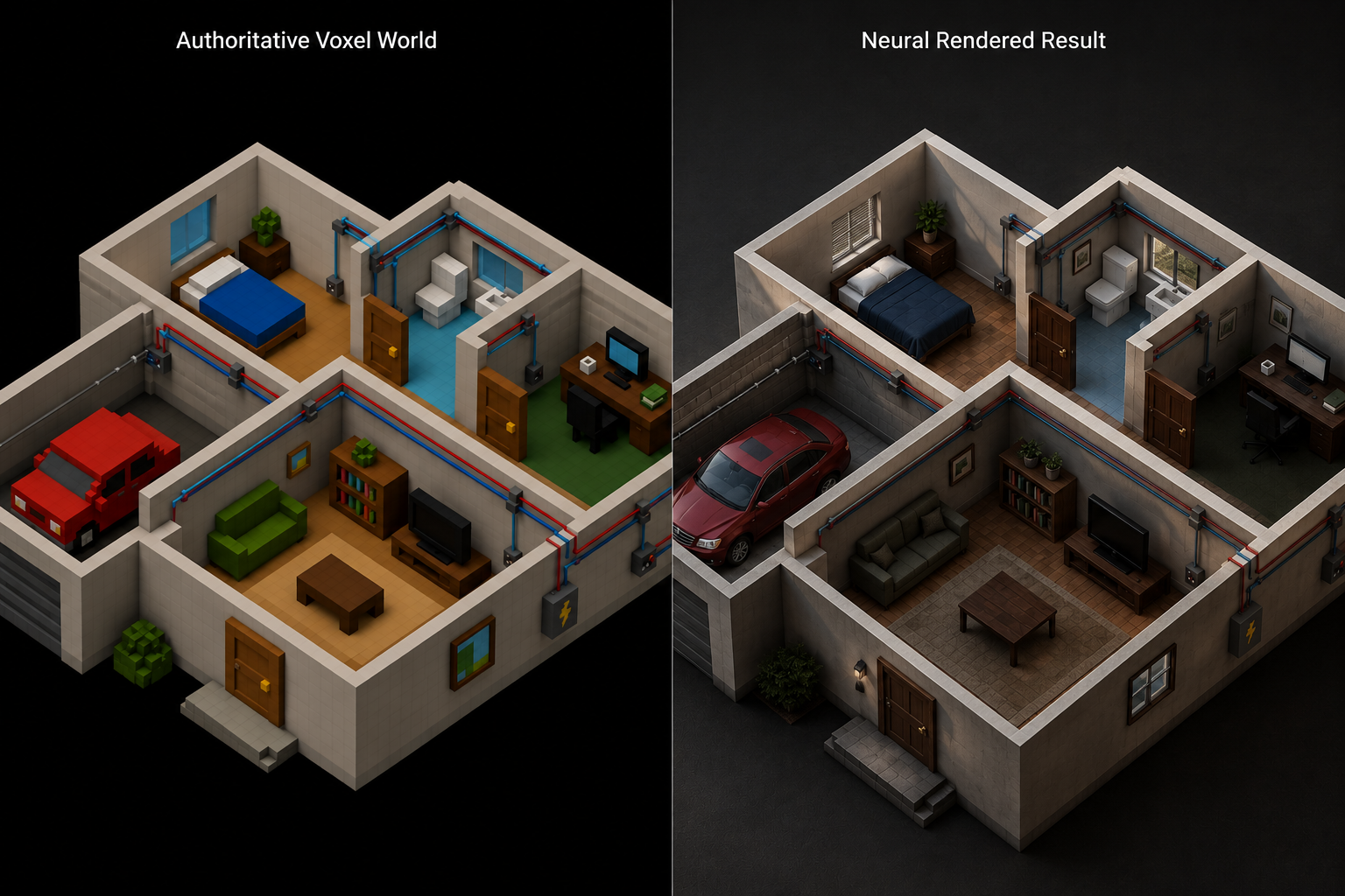 Side-by-side comparison of voxel simulation render and AI photorealistic neural render of the same house scene.