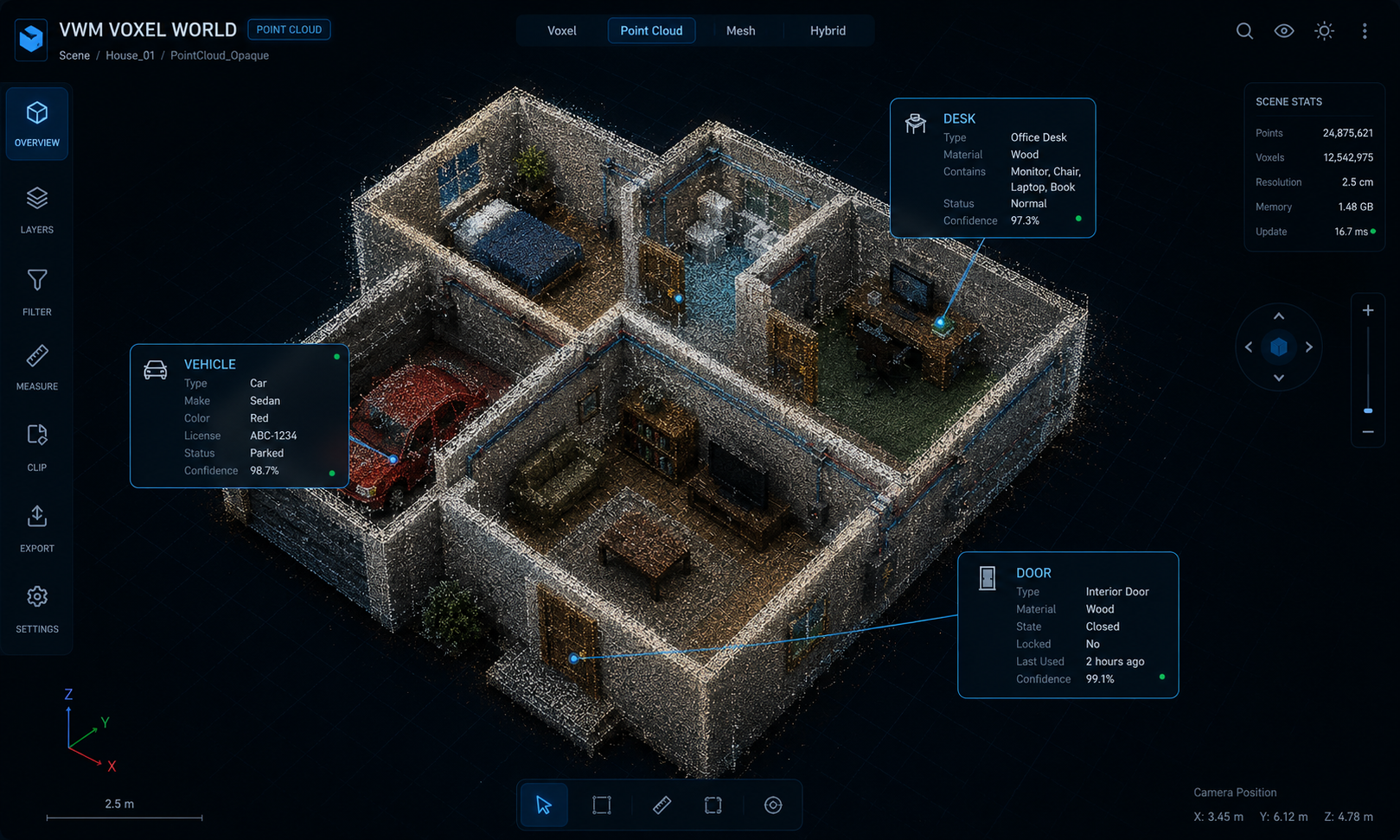VWM point cloud view of a house with semantic overlays identifying vehicle, desk, and door.