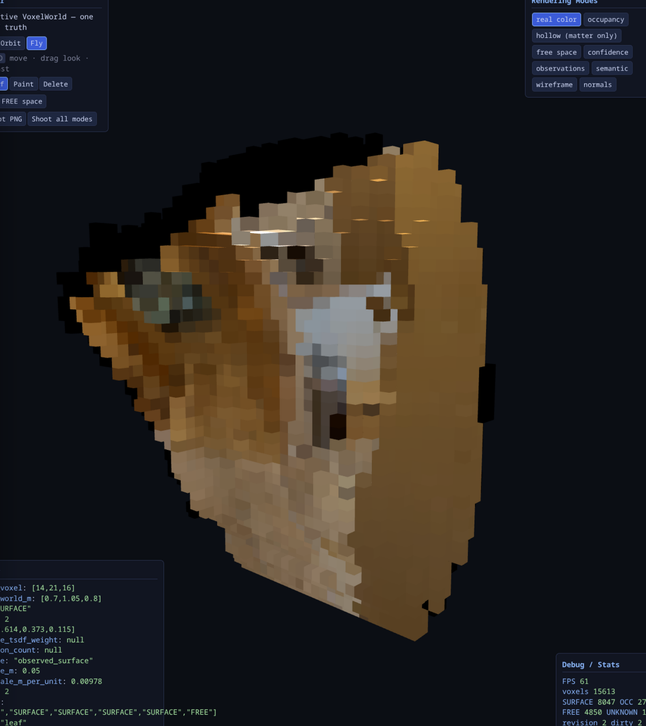The VWM Three.js viewer rendering the reconstructed hallway in real-color mode with mode buttons, voxel inspector, and live stats panel.